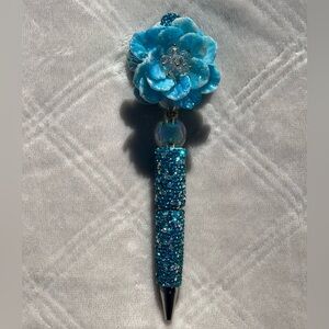 Rhinestone handmade bling sparkle blue flower bead pen